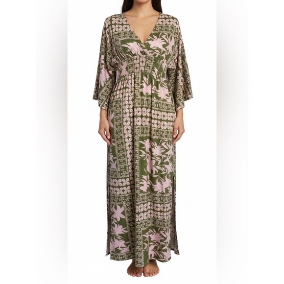 The Unbranded Brand Dresses & Skirts - Unbranded Green & Pink Floral Boho Tropical Maxi Dress Kimono Sleeve Size Small